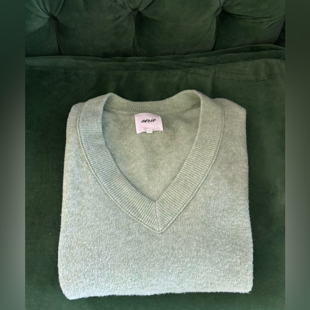 aerie Green Knit V-neck Sweater